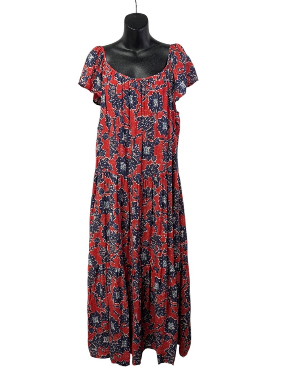 Knox Rose Red Blue Floral Paisley Tiered Maxi Dress Women's XL Short Sleeve NWT